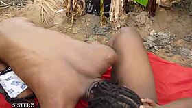 Indian couple engages in passionate local sex with intense blowjob, doggystyle fucking, and ass play in the bush.