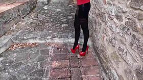 Check out Laura strutting in heels and pantyhose! 😍 So sexy!