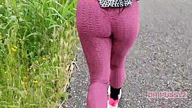 Ebony Prostitute With Big Ass In Leggings Runs Alone In The Forest.