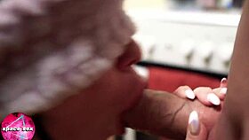 Blindfolded brunette deepthroats big cock for facial in POV