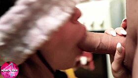 Blindfolded brunette deepthroats big cock for facial in POV