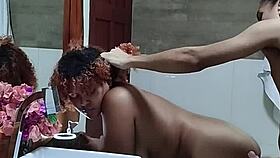 Passionate couple fucks in public bathroom