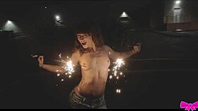 honey gold and dakota marr go topless outdoors with sparklers, teasing neighbors