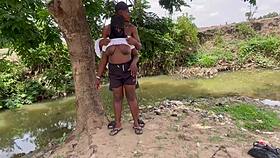 in the forest, the chubby girlfriend gets fucked outdoors