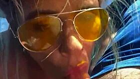 Blonde woman receives facial in public setting