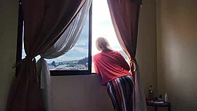 I watch this sexy blonde suck a big cock in the hotel mirror, her cute face gets covered in cum!