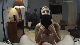 blonde with big tits gives masked handjob that feels so good