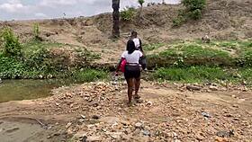 in the forest, the chubby girlfriend gets fucked outdoors