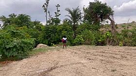 in the forest, the chubby girlfriend gets fucked outdoors