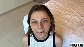 My sexy neighbor moans as her tiny pussy struggles with that big cock