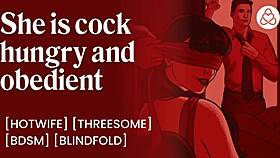 surprising my blindfolded wife with dp, she shares blowjob and swallows cum with my friend