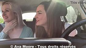 lucky guy gets his first blowjob from two french sluts on the roadside, emptying his balls in pov outdoor sex