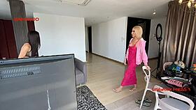 Horny Ladyboy in Red Bangs Client Candy