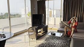 Horny Ladyboy in Red Bangs Client Candy