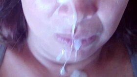 I get huge cumshots in my mouth and face from my real cuckold husband, oh wow!