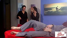 Cute Femdoms in Lingerie Humiliate Sub Guy