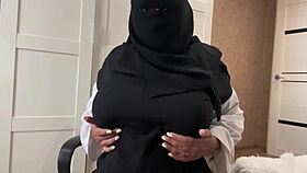 Arab stepmom instructs jerking off to her horny body.