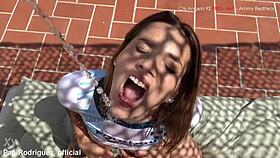 My friend's stepsister begs for two cocks in her pussy publicly.