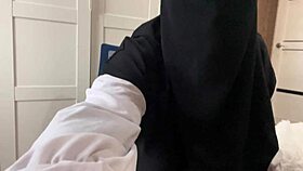 Arab stepmom instructs jerking off to her horny body.