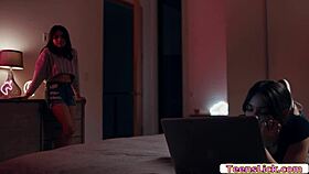 so this hot teen 18+ is TASTING her twin girlfriend's pussy, with some kissing and oral action