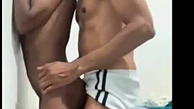 I dominate the skinny Brazilian guy against the wall with strong thrusts.