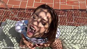 My friend's stepsister begs for two cocks in her pussy publicly.