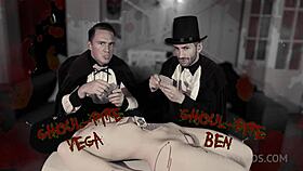 Skinny teen with big tits experiences first anal at halloween party orgy