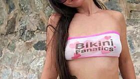 Petite babe flashes in public bikini photoshoot