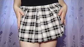 I dance in my short skirt and masturbate my shaved pink pussy, oh god!