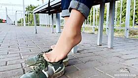 Teasing With Tan Nylon Soles On Bench?