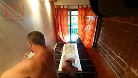 peep voyeur catches fat housewife undressing, stripping in the shower, washing with soap, shaving her pussy in the bath.