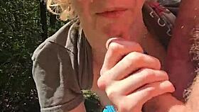 Wife gives quick handjob with pierced nipples while out on a public walk