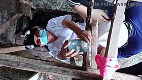 company nurse playing with construction labor on site