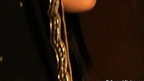 Brunette milf in black dress solo