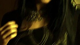 Brunette milf in black dress solo