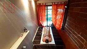 peep voyeur catches fat housewife undressing, stripping in the shower, washing with soap, shaving her pussy in the bath.