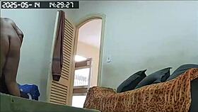 hidden camera catches the brazilian milf maid cleaning naked, showing off her huge tits and big pussy in lingerie