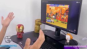 Gamer's fantasy of a threesome with young girls riding his cock becomes real.