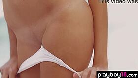 Petite teen Katrine Pirs strips naked in pool 😍