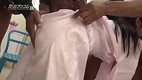 Asian Japanese Shaved Hairless In Black Dick Group Insertion.