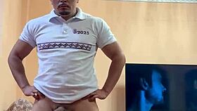 Muscular Mexican Bodybuilder Flexes Solo.