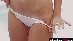 Petite teen Katrine Pirs strips naked in pool 😍