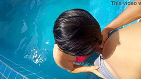 I was at the pool with a beautiful girl who got surprised by my hard cock