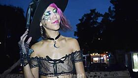 Hairy pussy upskirt and flashing in public during trick or treat event