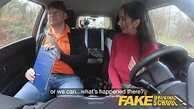 In a fake driving school, the big-titted Italian student rides her teacher's huge cock in doggystyle and cowgirl outdoors