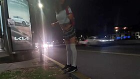 Shemale latina flashes in public outdoor crossdressing with deep throat saliva