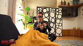 Hey, check out this masked milf in a catsuit tying up and blowing the burglar!