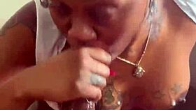 Ebony woman gives sloppy super head with gagging and ball licking on monster cock
