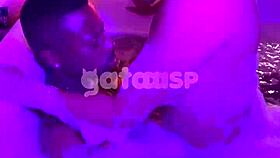 Hotwife teases bareback ride with black stud in tub