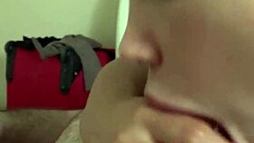 Monika Fox licks and blows small cock, letting him cum free.